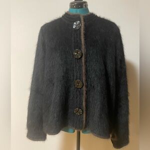 VENESHA High Quality Angora Black w/ Brown Trim Snap Button Cardigan Sweater